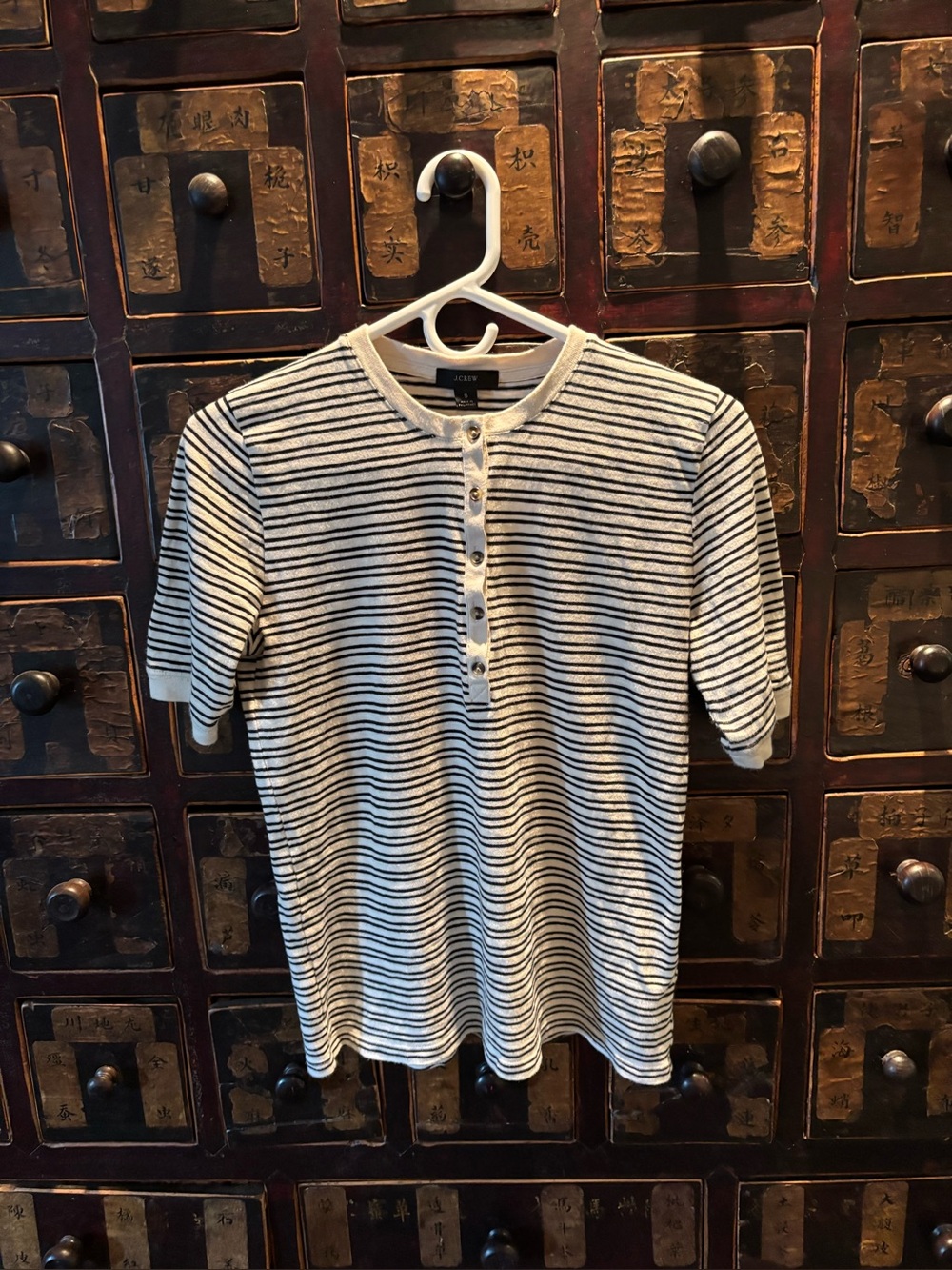 J. Crew Women’s Short Sleeve Striped Henley Shirt — Black/Cream